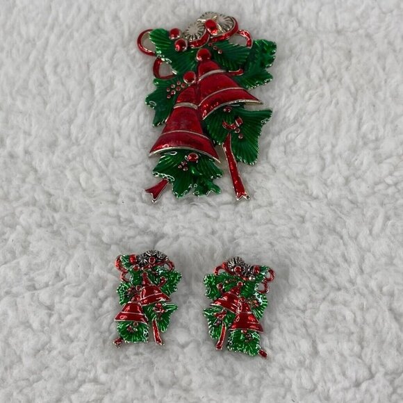 Vintage Marie Jennifer Christmas Bells 2" Brooch Pendant 1" Earrings Red Green - Picture 10 of 10
